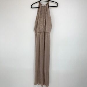 R & M Richards gold metallic halter neck maxi dress size 12 elastic waist lined